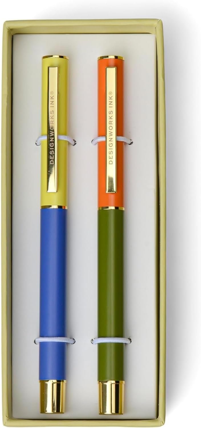 DesignWorks Ink Color Block Pens – Set of 2 Metal Ballpoint Pens with Matte Finish & Gold Accents for Journaling, Smooth Writing & Stationery, 0.7MM Ultra Fine Point – Cobalt Blue & Army Green
