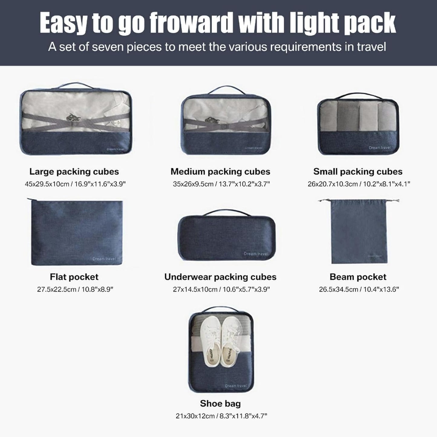 7-Piece Grey Packing Cube Set for Efficient Luggage Organization and Travel Storage