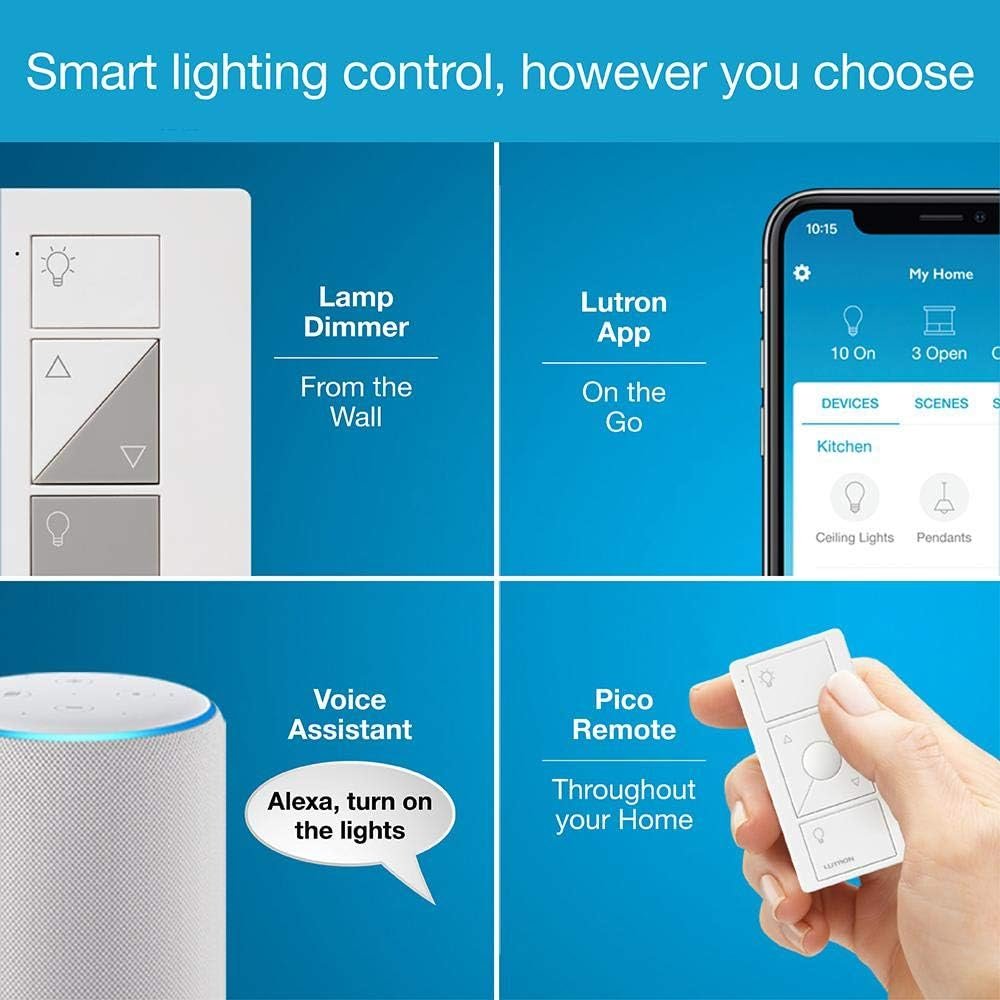 Lutron Caseta Smart Lighting Kit w/ Hub, 2 Lamp Dimmers, 2 Pico Remotes & More for 100W Lamp Light Bulbs, Works w/ Alexa, Apple Homekit, Google Home, P-BDG-PKG2P