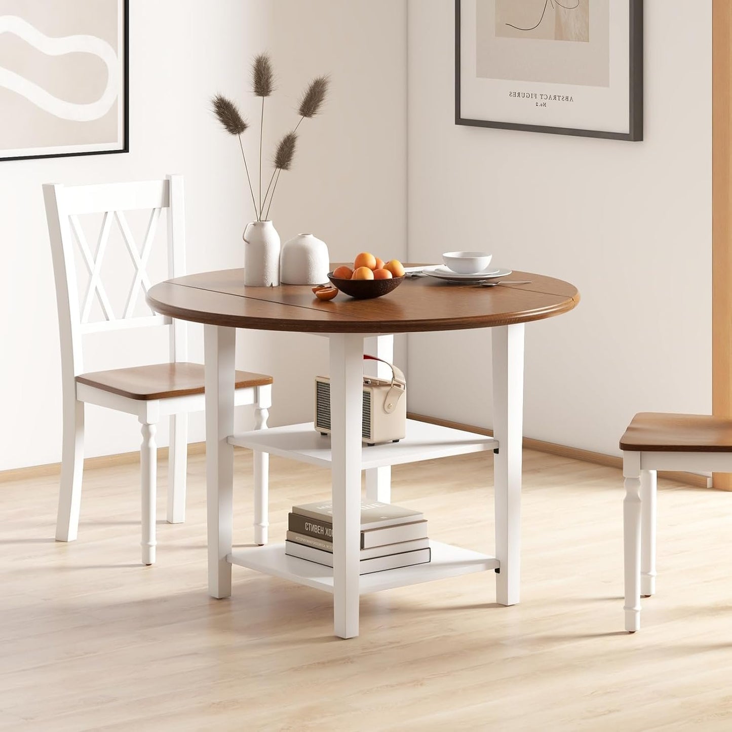 Giantex 42.5 Inches Round Dining Table, Drop Leaf Kitchen Table with Storage Shelves, Expandable Tabletop for Small Space, Dining Room, Living Room, Dinner Table for 4