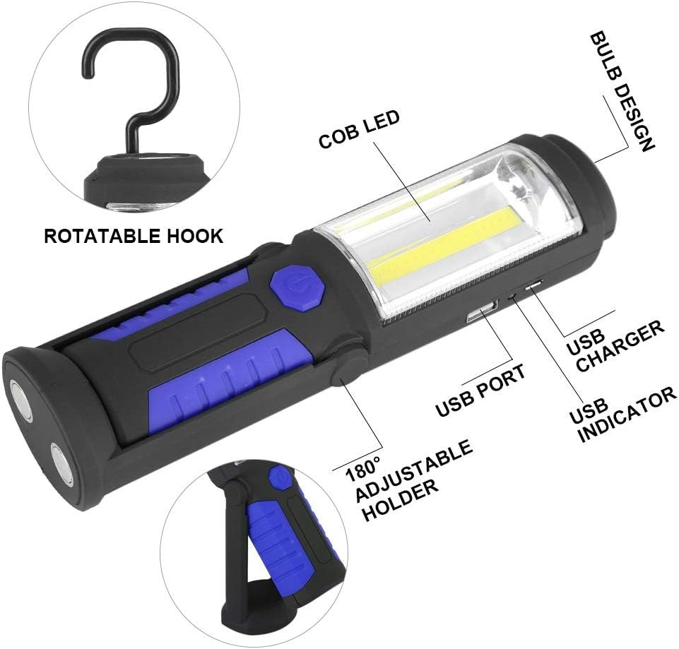 COB Work Flashlight, Rechargeable Handheld Flashlight, Super Bright LED Tactical Flashlight with Magnetic Base, Emergency Flashlight, Portable Flashlight for Camping Hiking (Blue)