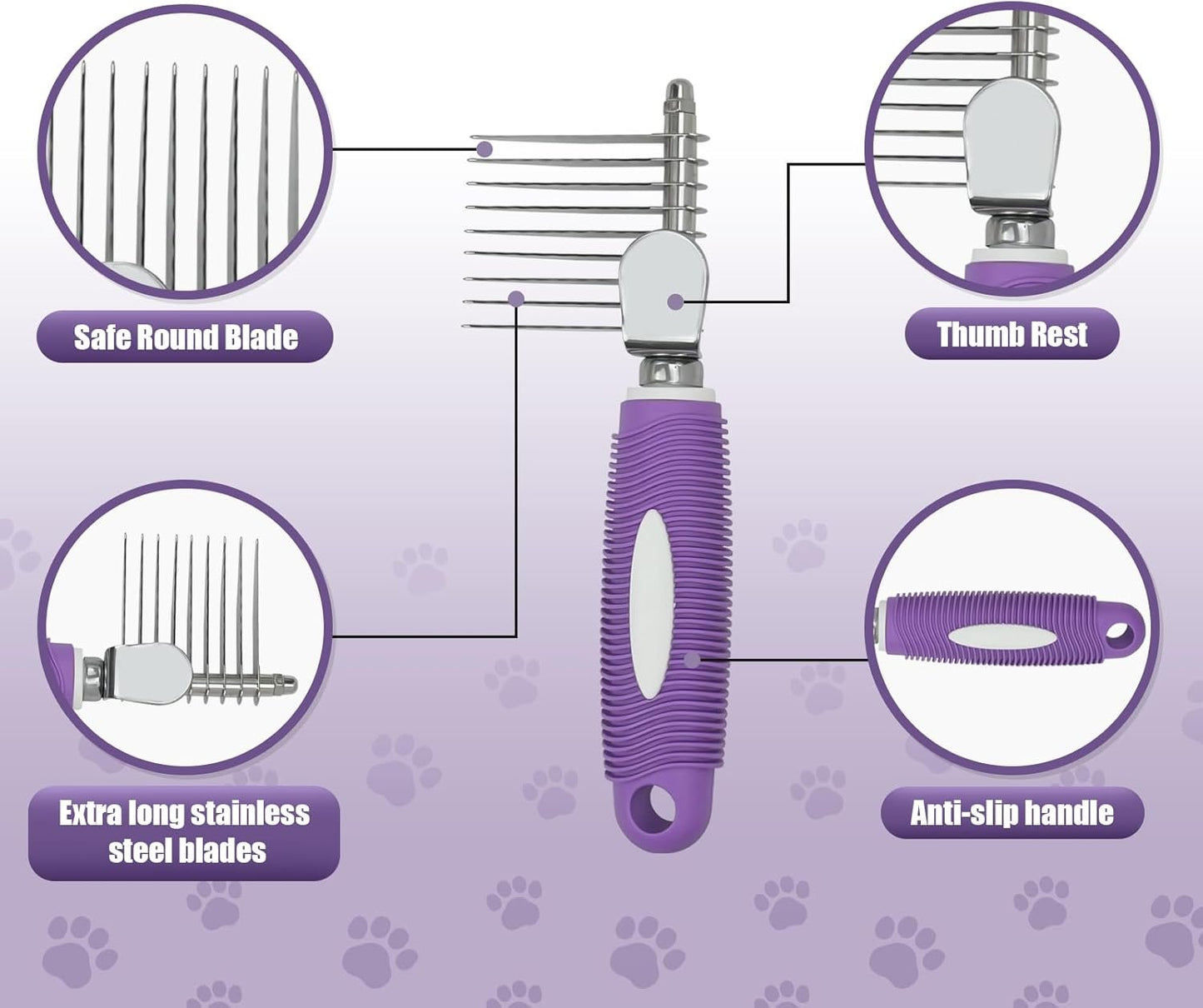 Detangling Pet Comb for Dog & Cat, Grooming Comb with Long & Short Stainless Steel Teeth, Safely Remove Knots & Tangles for Healthy Shiny Coat, Gentle Effective Detangling Tool for Pet Hair (Violet)