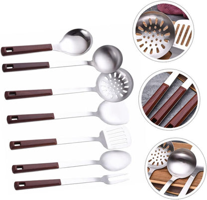 LIFKOME 1 Set 7 Pezzi Set Da Cucina Pezzi Gadget e Utensili Da Cucina Cucchiai Da Minestra Cinesi Pentole Antiaderenti Spatola Wok Pinze Metalliche Acciaio Inossidabile Anti-aderente