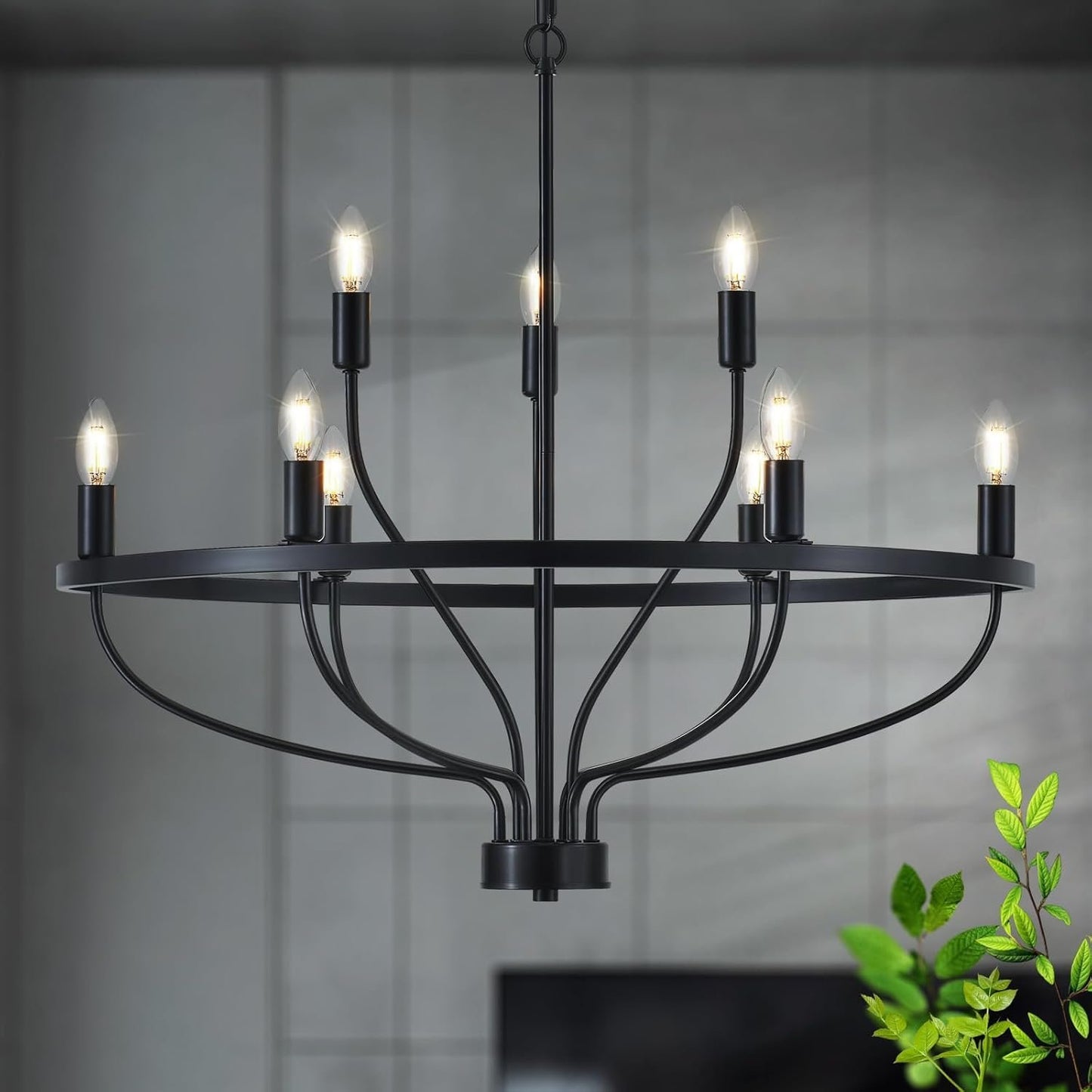 USOR 9-Light Black Chandelier Light Fixture Vintage Industrial Candle Chandelier Farmhouse Chandeliers Over Table Pendant Light for Dining Room Bedroom Living Room Kitchen D75cm E14 Bulbs Included