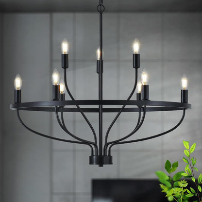 USOR 9-Light Black Chandelier Light Fixture Vintage Industrial Candle Chandelier Farmhouse Chandeliers Over Table Pendant Light for Dining Room Bedroom Living Room Kitchen D75cm E14 Bulbs Included