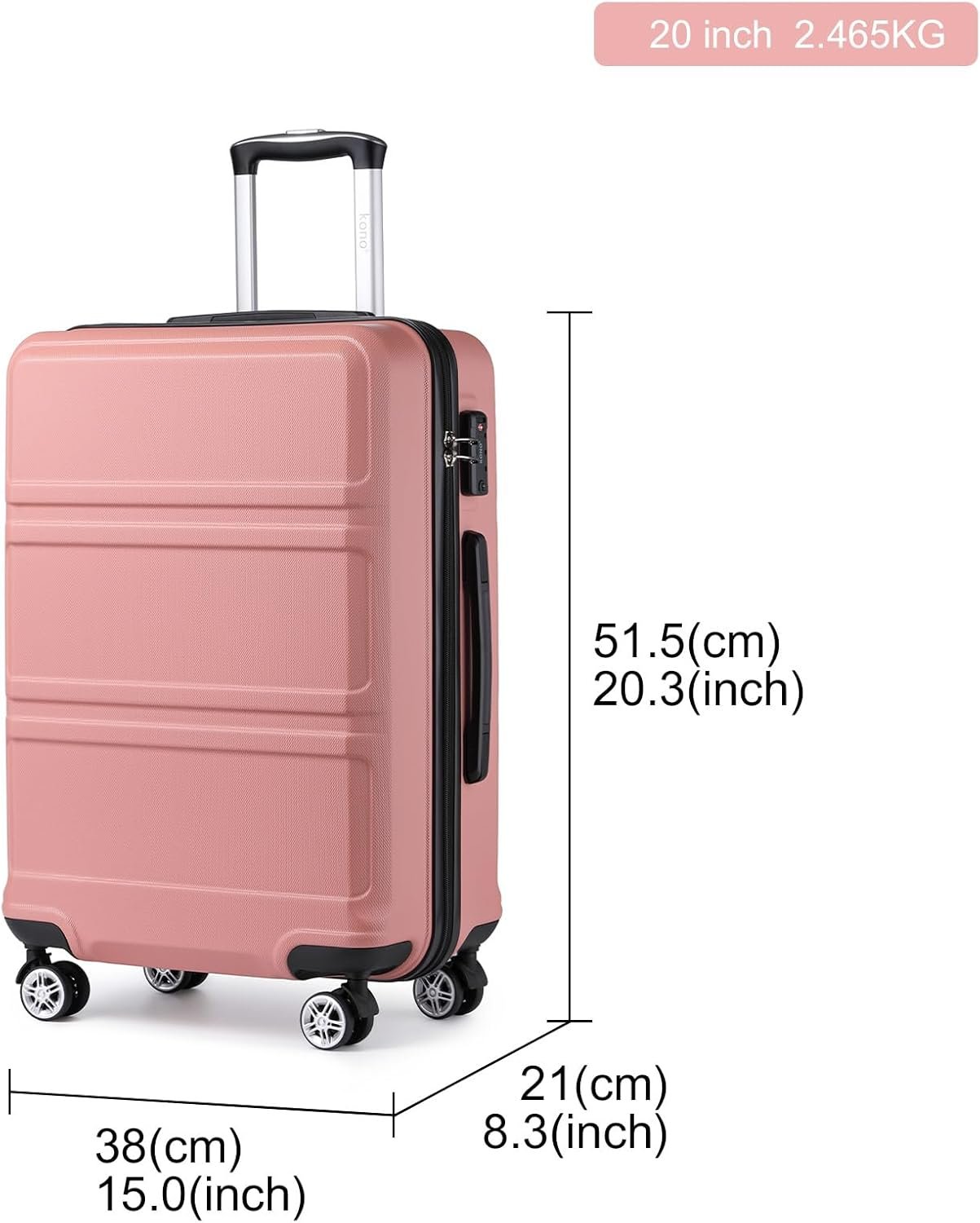 KONO 55 cm Heavy Duty Hard Suitcase 20'' Hand Luggage 4 Wheels with TSA Lock, Nude