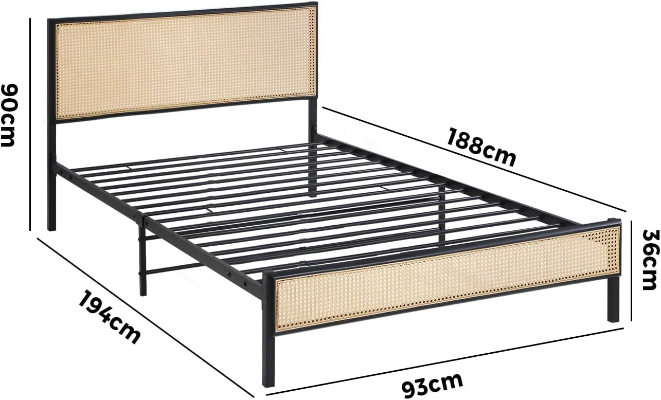 Oikiture Single Bed Base with Rattan Headboard and Steel Slat Single Bed Frame Mattress Platform Black