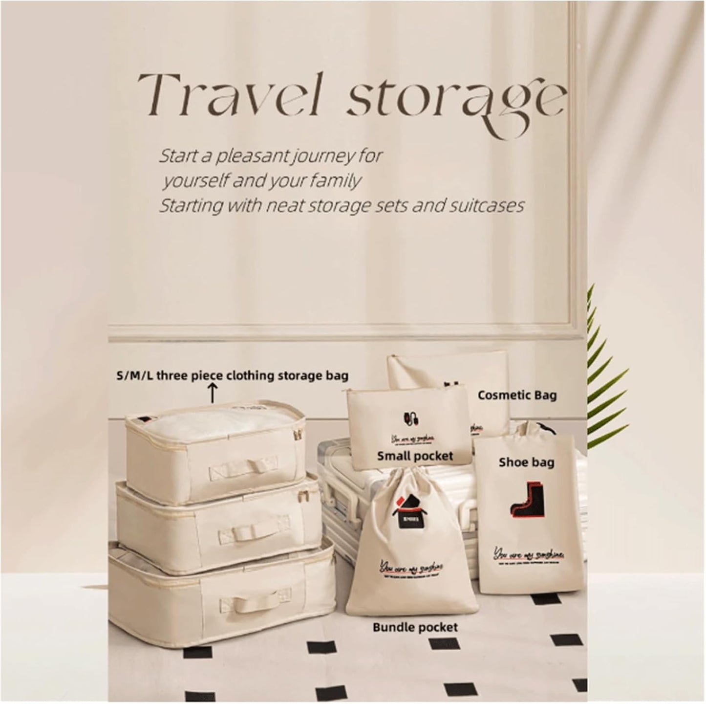 Travel Luggage Organizer Set - 7pcs Packing Cubes, Garment Bags, Shoe Bag, Laundry Bag, Electronics Pouch, Variety Of Sizes(Beige)