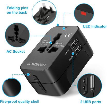 Travel Adapter, Amoner Universal Travel Adapter with 2 Ports USB Charger Suitable for More Than 180 Countries (Black)