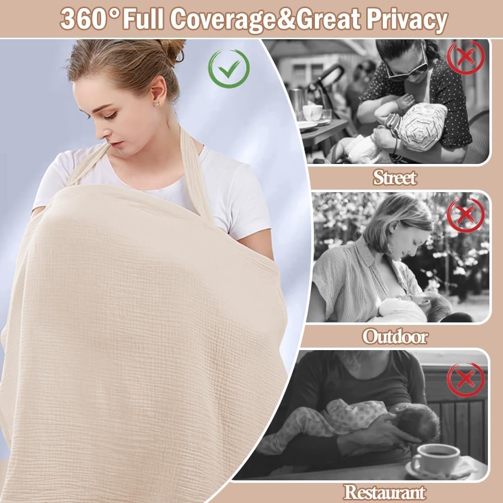 Muslin Nursing Cover for Breastfeeding, Soft&Breathable Cotton Breastfeeding Cover for Women,Privacy Nursing Covers with Arch Neckline Adjustable Hoop for Mother Nursing Apron (Coffee)