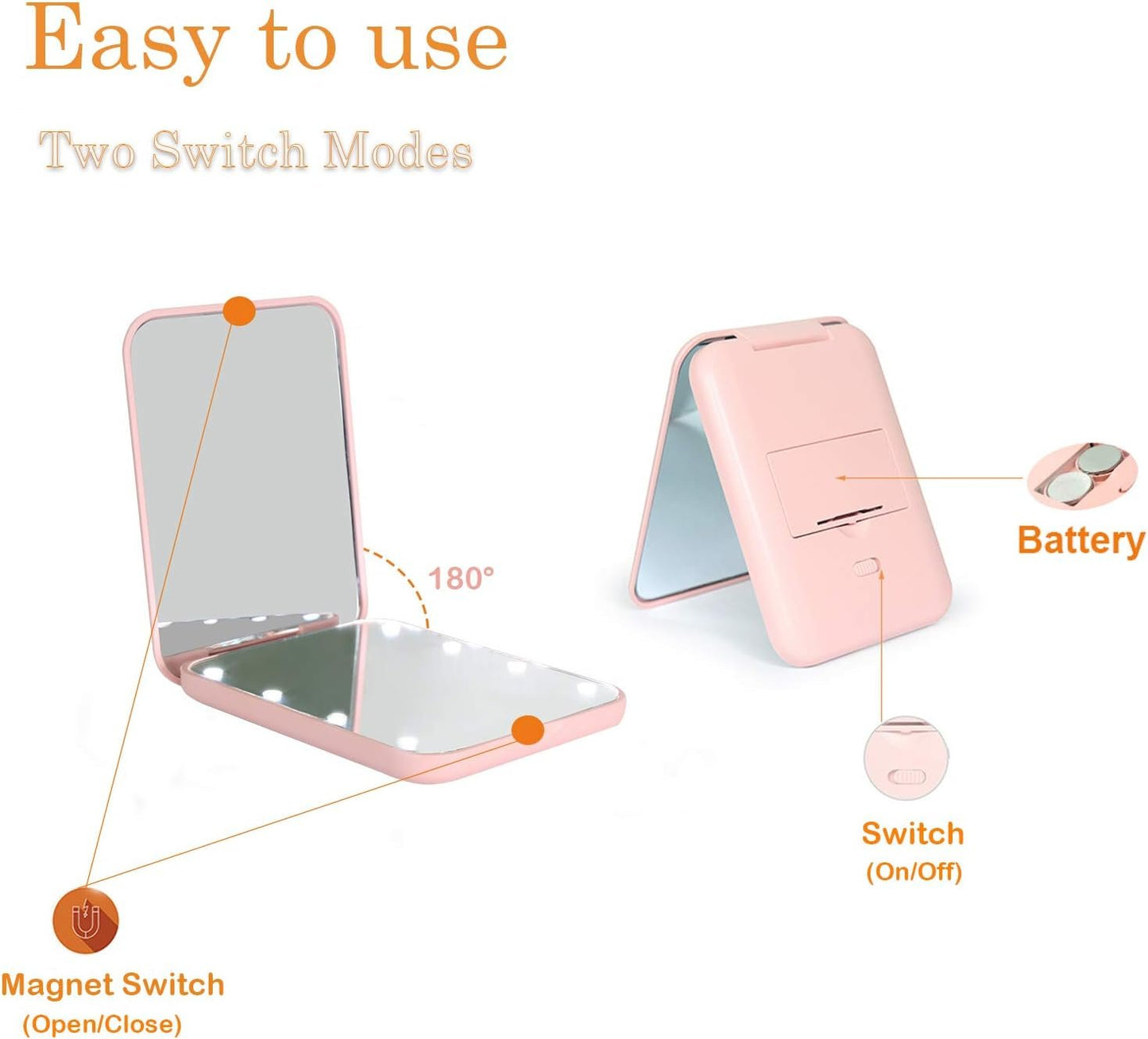 Kintion Pocket Mirror, 1X/3X Magnification LED Compact Travel Makeup Mirror, Compact Mirror with Light, Purse Mirror, Folding, Handheld, Small Lighted Mirror for Gift, Pink