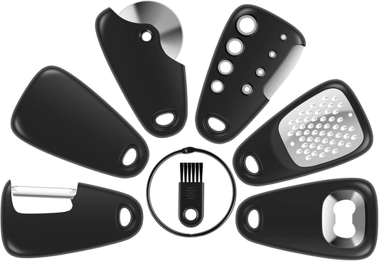 Kitchen Gadgets Set 6 Pieces, Space Saving Cooking Tools Kitchen Accessories with Brush, Cheese Grater, Opener, Fruit/Vegetable Peeler, Pizza Cutter, Garlic Grinder, Herb Stripper for RV Camper Travel