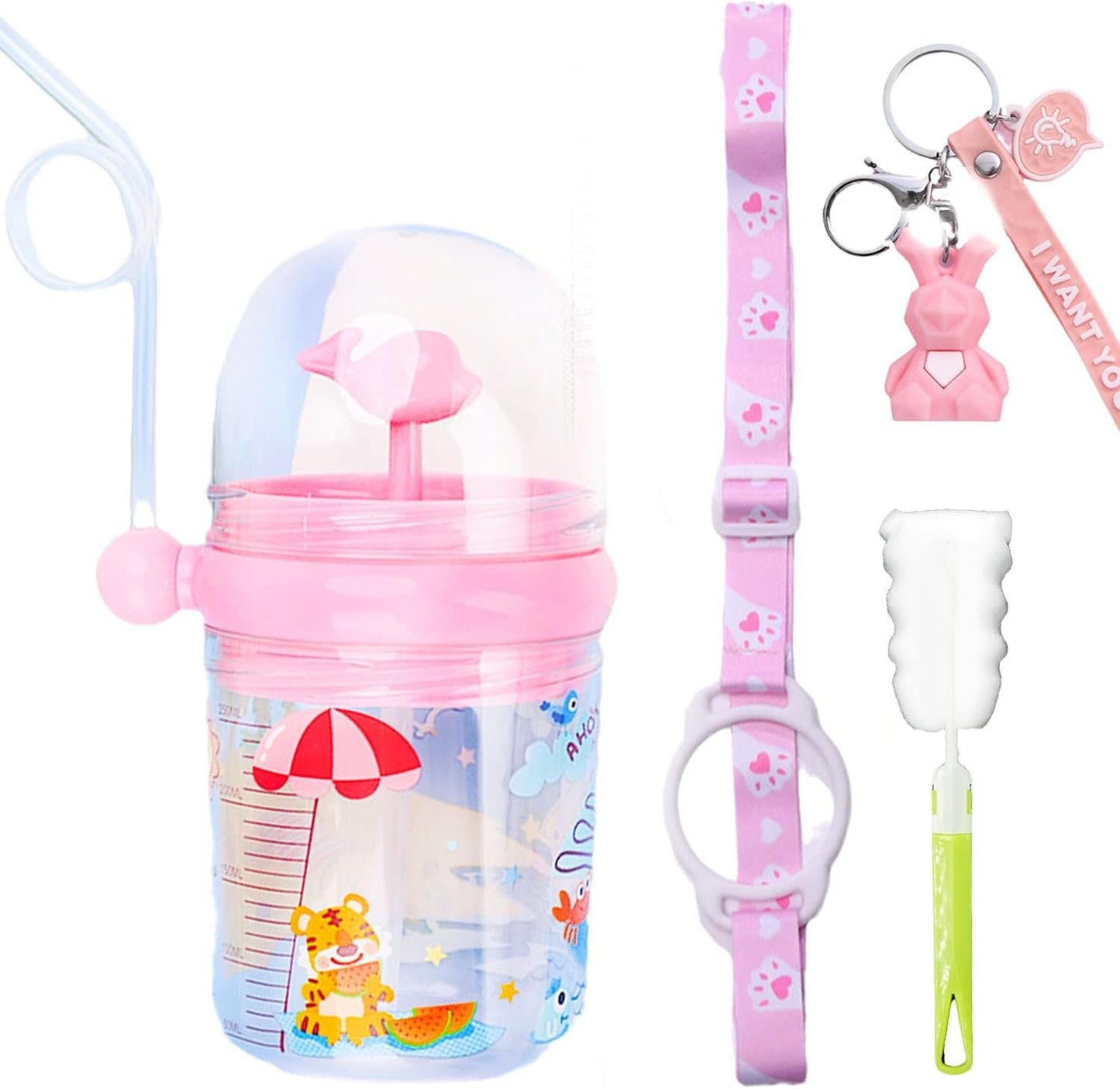 Whale Spray Water Bottle Sippy Cups Travel Cup with Straw Birthday Party Gift Pink Flamingo Drinking Cup (Pink Beach 3, 260 ml)