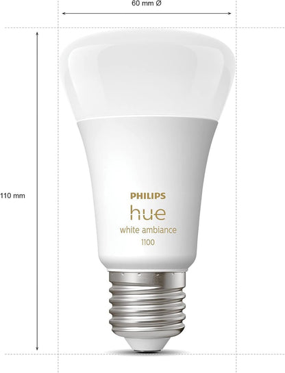 Philips Hue New White Ambiance Smart Light Bulb 2 Pack 75W - 1100 Lumen [E27 Edison Screw] with Bluetooth. Compatible with Alexa, Google Assistant and Apple Homekit.