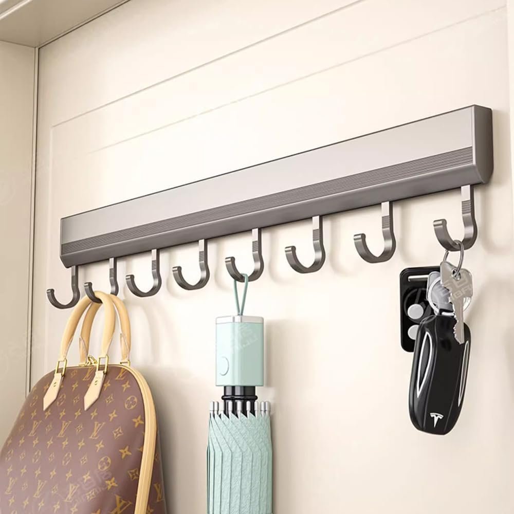 LNGFSH 2 Pieces Wooden Iron Kitchen Utensil Holder Bar Kitchen Knife Holder No Holes Needed for Bathroom Gadgets, Frying Pans, Cups (Grey, with 10 Hook 50 cm)