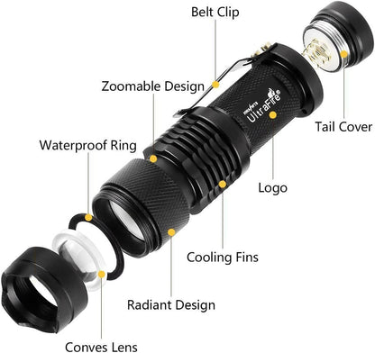 3 Pack UltraFire Mini Flashlights Focus Adjustable SK68 Single Mode Tactical LED Flashlight, Ultra Bright 300 Lumens Torch