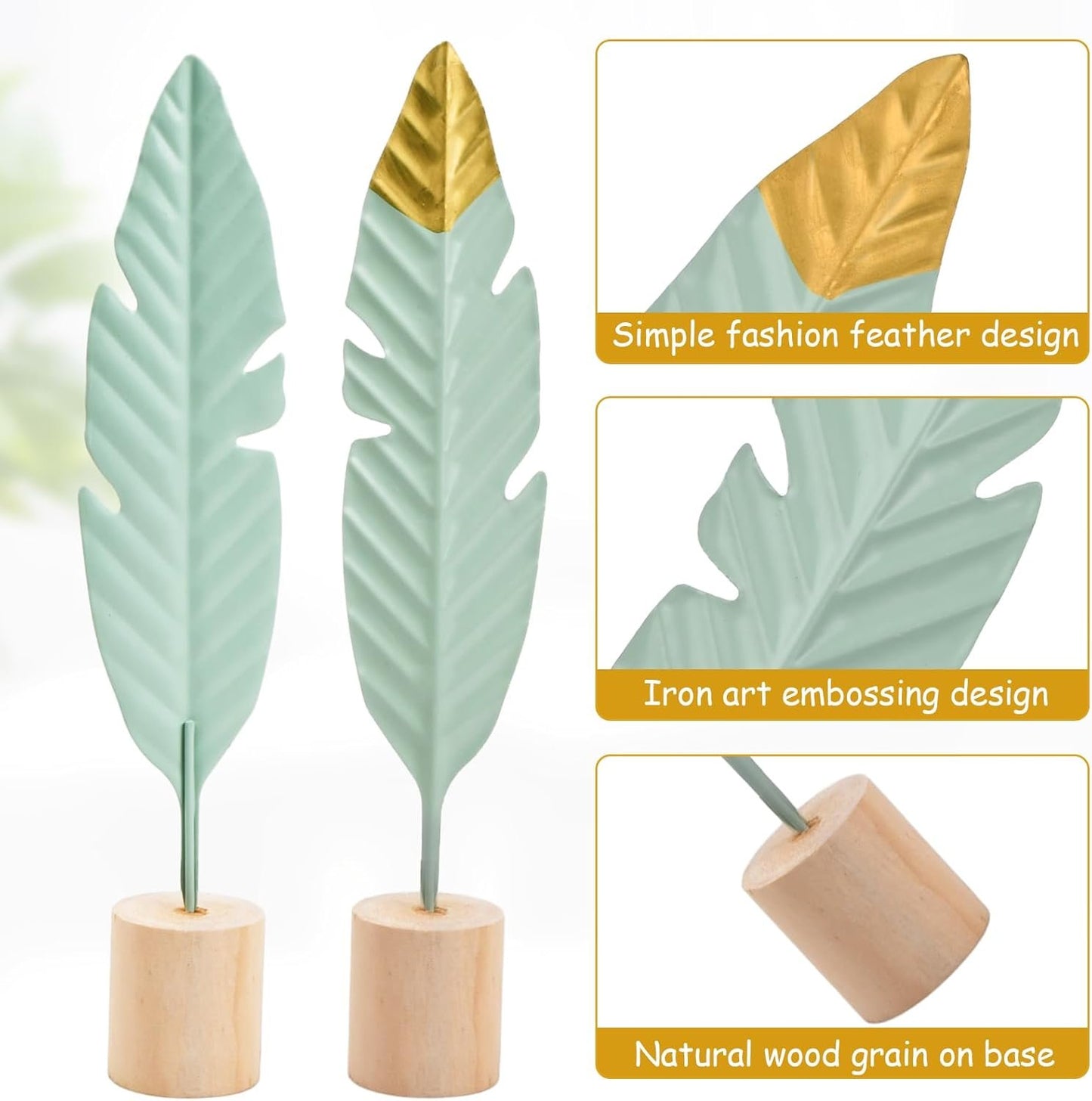 3 Pieces of Modern Sculptures in Wood and Metal with Decorative Feathers - Ornaments for the Modern Home, Modern Sculptures Design, Particular Decorative Objects, Living Room, Bedroom
