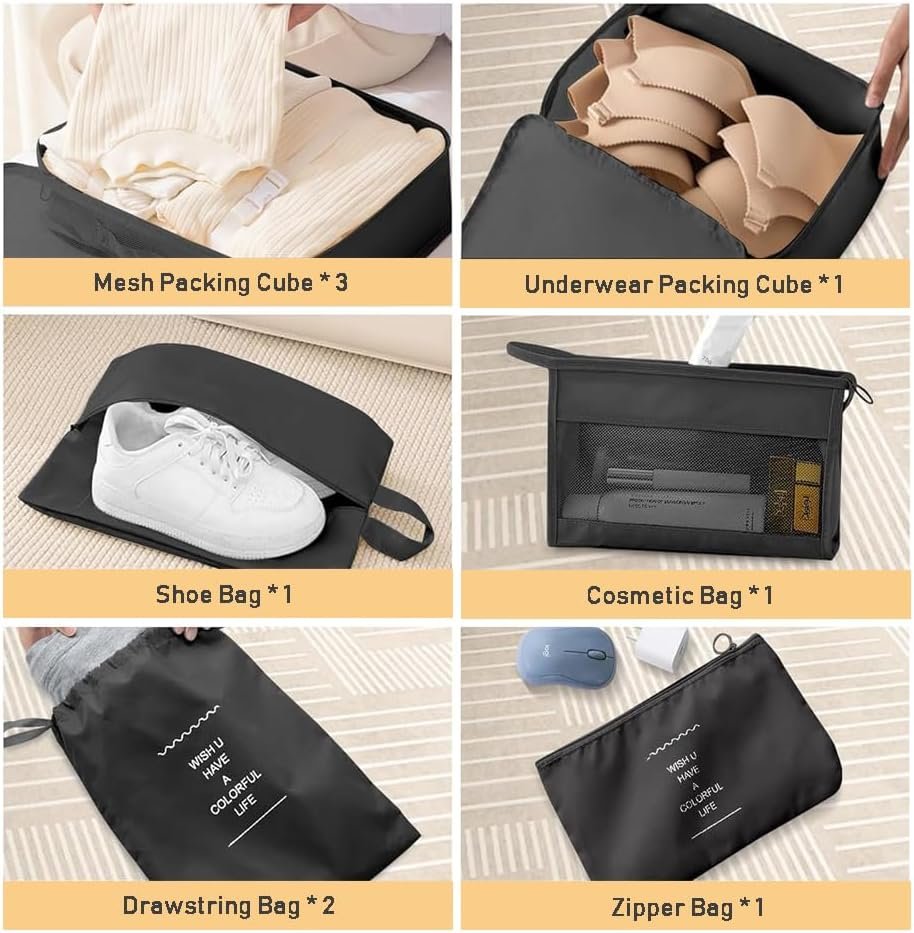 9 Set Packing Cubes for Suitcases, Travel Luggage Organizers, with Clothes Storage Bags, Toiletry Bag, Shoe Bag, Underwear Bag, Laundry Bag, Sock Bag, Accessories Bag (Black)