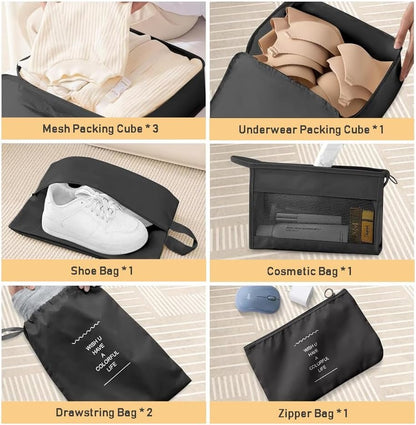 9 Set Packing Cubes for Suitcases, Travel Luggage Organizers, with Clothes Storage Bags, Toiletry Bag, Shoe Bag, Underwear Bag, Laundry Bag, Sock Bag, Accessories Bag (Black)