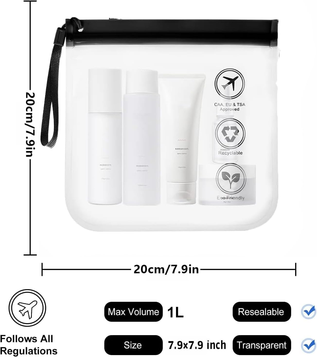 TSA Approved Clear Travel Toiletry Bag 2 Pack-H HOME-MART Airport Security Liquid Bag 20 x 20cm,Travel Accessories Makeup Essentials Luggage Clear TSA Approved Travel Toiletry Bag for Men Women