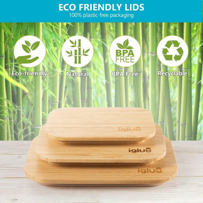 Igluu Meal Prep Glass Food Storage Containers (Set of 3), Eco-friendly Food Containers with Bamboo Lids, Nesting Glass Meal Prep Containers, Airtight Lunch Box, Plastic-free (with 3 stretchable bands)