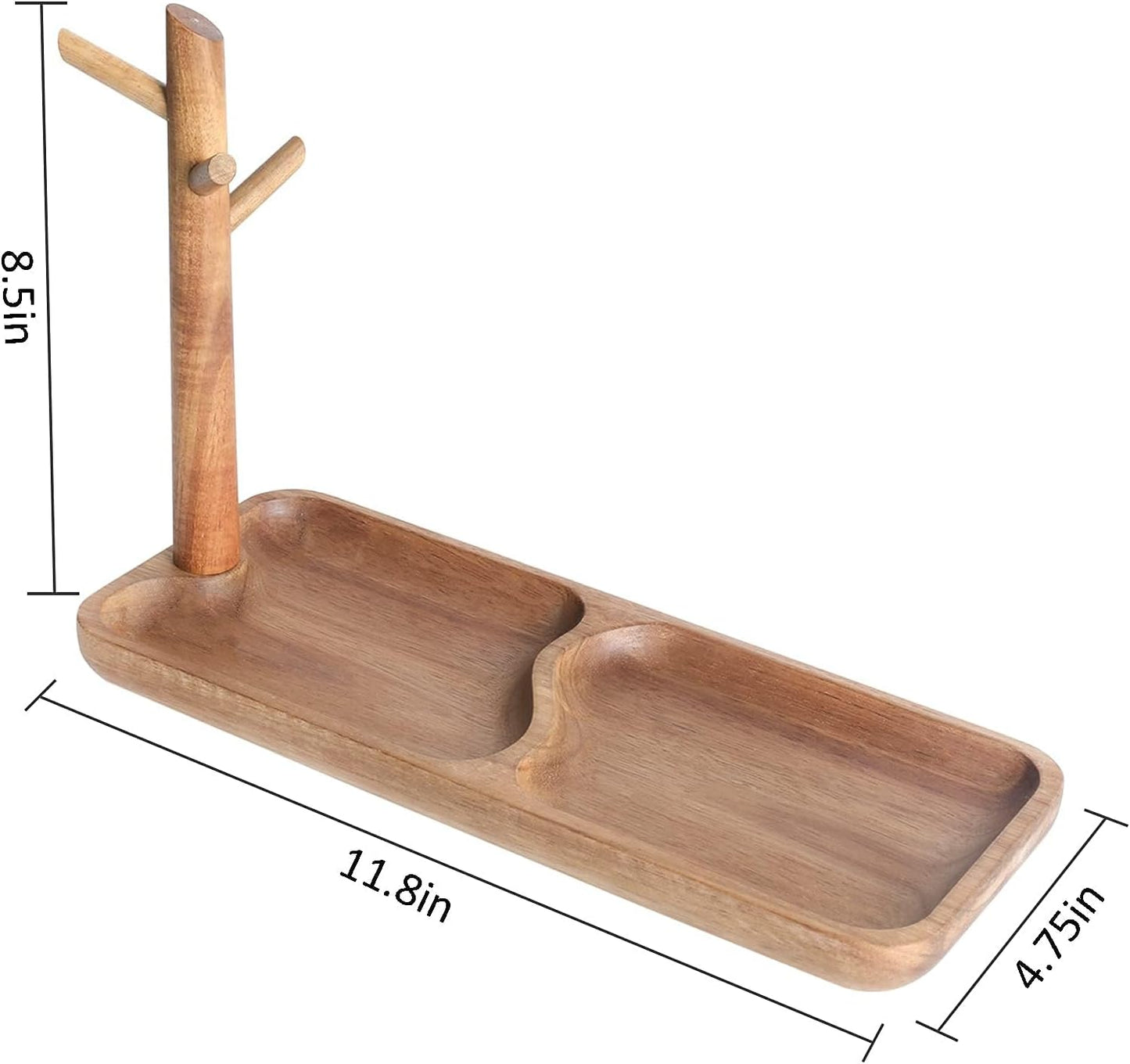 Acacia Wood Key Tray for Entryway Table - Jewelry, Ring, Phone, Bracelet & Watch Organizer with 3 Hanging Stands - Modern Catchall Tray for Home Organization