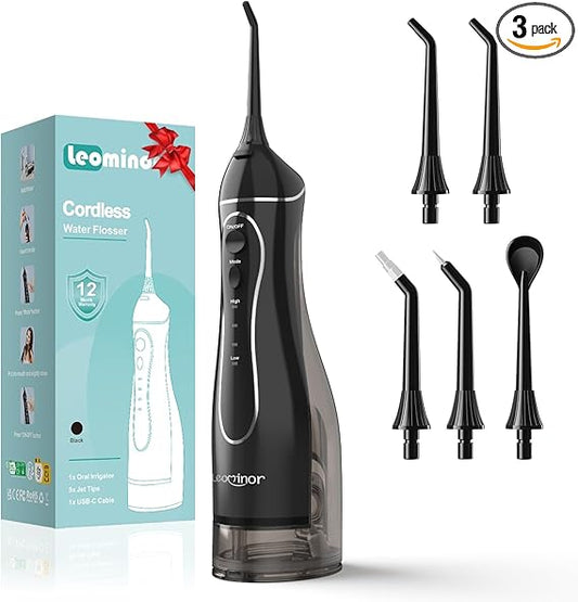 Leominor Water Dental Flosser Pick for Teeth, 300ML Portable Oral Irrigator Upgraded Tank Removable,IPX7 Waterproof, Rechargeable Travel Teeth Cleaner, Professional Electric Flossing Machine (Black)