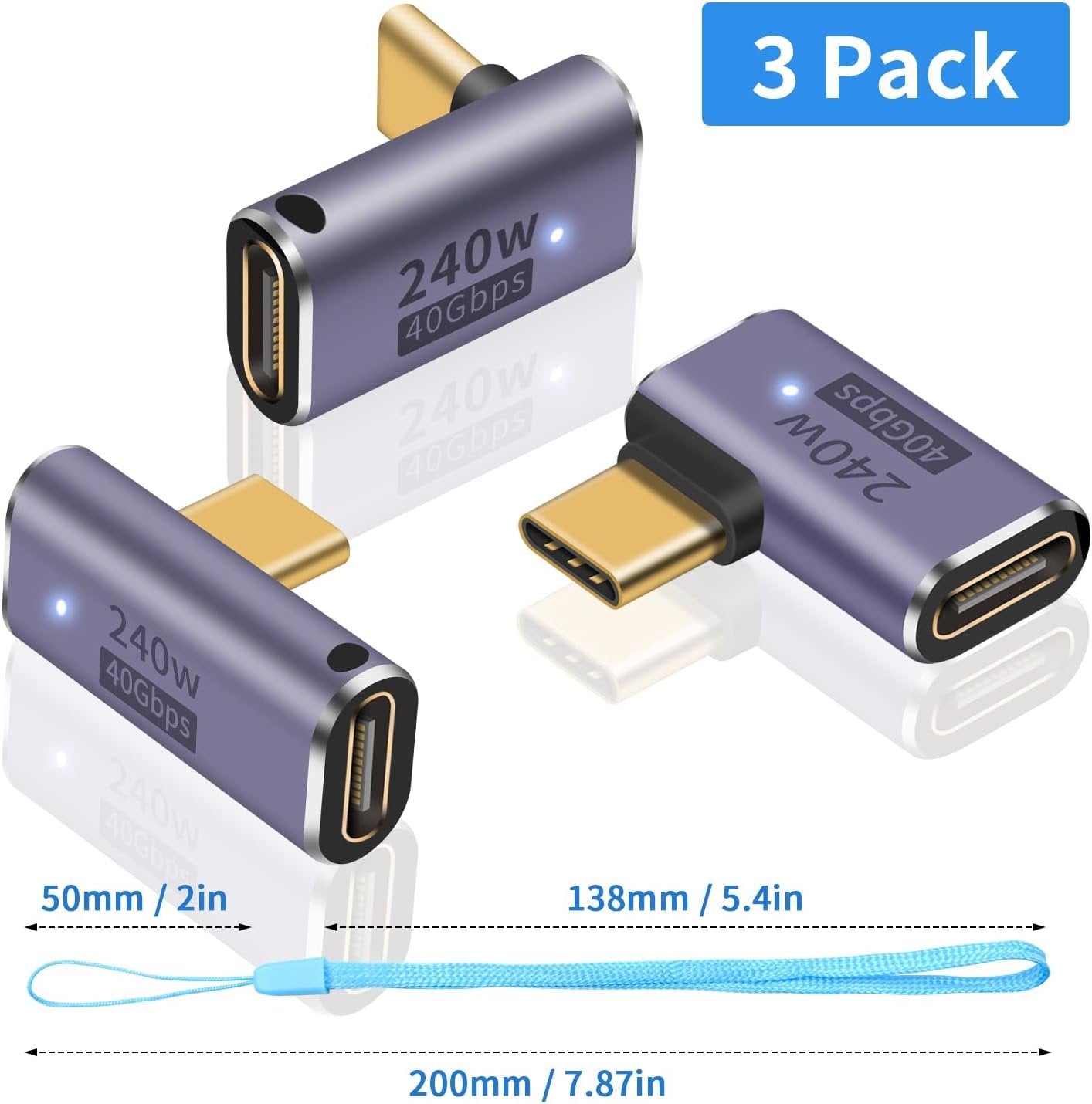 Duttek USB C 90 Degree Adapter (3 Pack), Right Angle, Middle Angle and Side Angle 90 Degree Right Angle Type C Male to Female Adapter Support 240W Power Delivery, for Laptop, Tablet and Phones