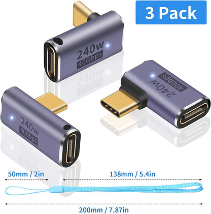 Duttek USB C 90 Degree Adapter (3 Pack), Right Angle, Middle Angle and Side Angle 90 Degree Right Angle Type C Male to Female Adapter Support 240W Power Delivery, for Laptop, Tablet and Phones