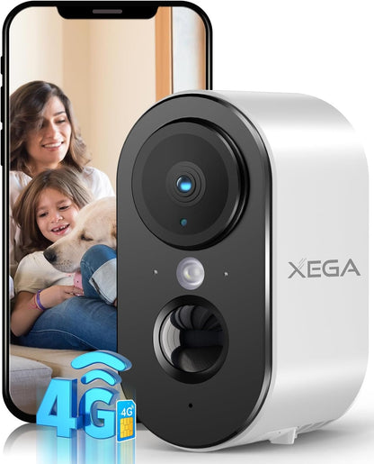 Xega 3G/4G Cellular Security Camera with SIM Card Indoor, 2K Super HD LTE Indoor Security Camera Portable, 6000mAh Battery, PIR Motion Detection, 3MP Color Night Vision, 2-Way Audio, TF/Cloud, IP65
