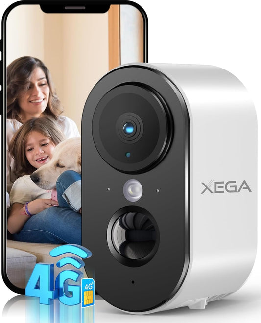 Xega 3G/4G Cellular Security Camera with SIM Card Indoor, 2K Super HD LTE Indoor Security Camera Portable, 6000mAh Battery, PIR Motion Detection, 3MP Color Night Vision, 2-Way Audio, TF/Cloud, IP65