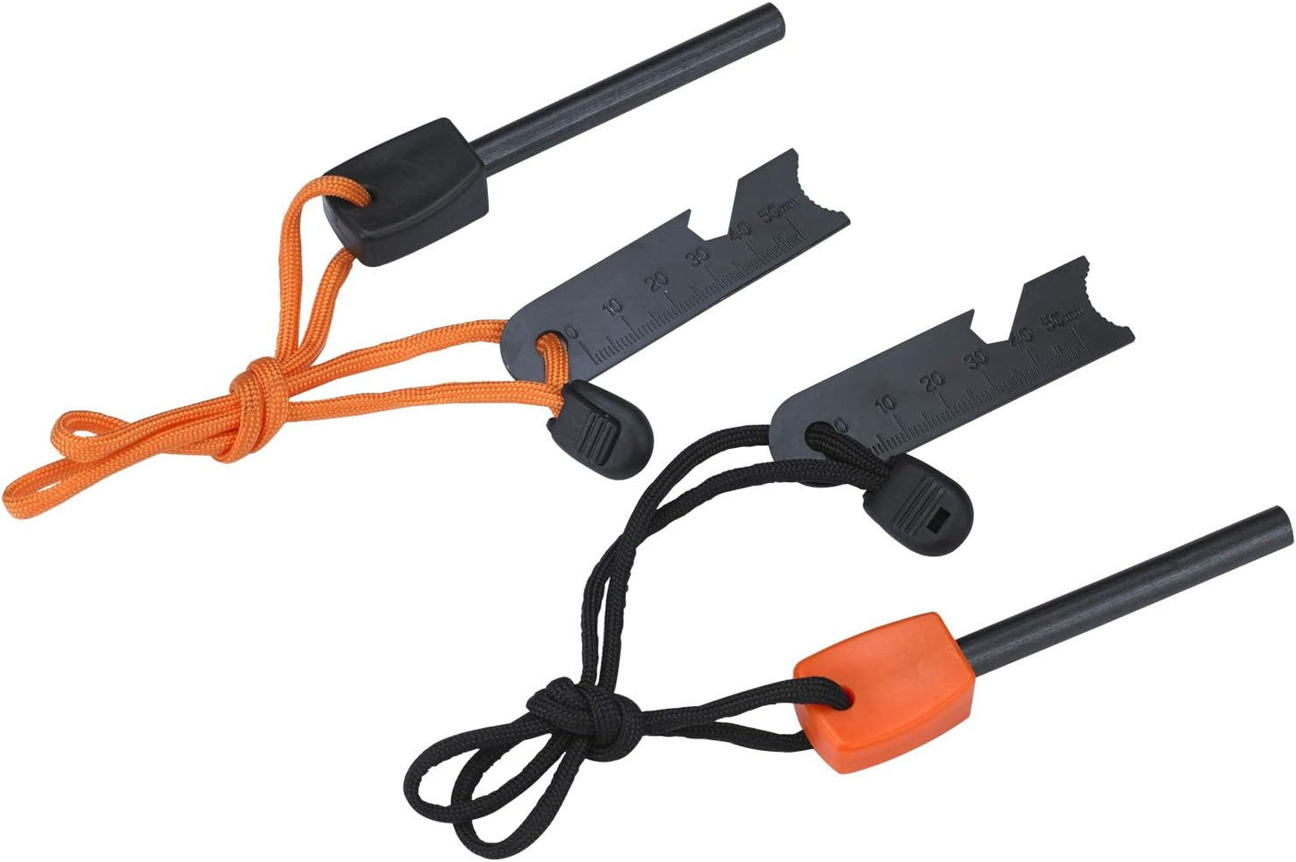 FOSTAR Ferrocerium Alloy Rod Fire Starter 5/16 Inch Thick Waterproof Fire Steel Bushcraft Ferro Rod with Easy Grip Handle Multi-Tool Striker and Necklace Paracord Lanyard (2PCS Black and Orange)
