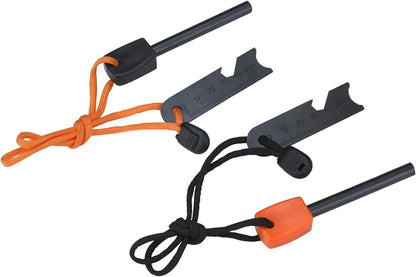 FOSTAR Ferrocerium Alloy Rod Fire Starter 5/16 Inch Thick Waterproof Fire Steel Bushcraft Ferro Rod with Easy Grip Handle Multi-Tool Striker and Necklace Paracord Lanyard (2PCS Black and Orange)