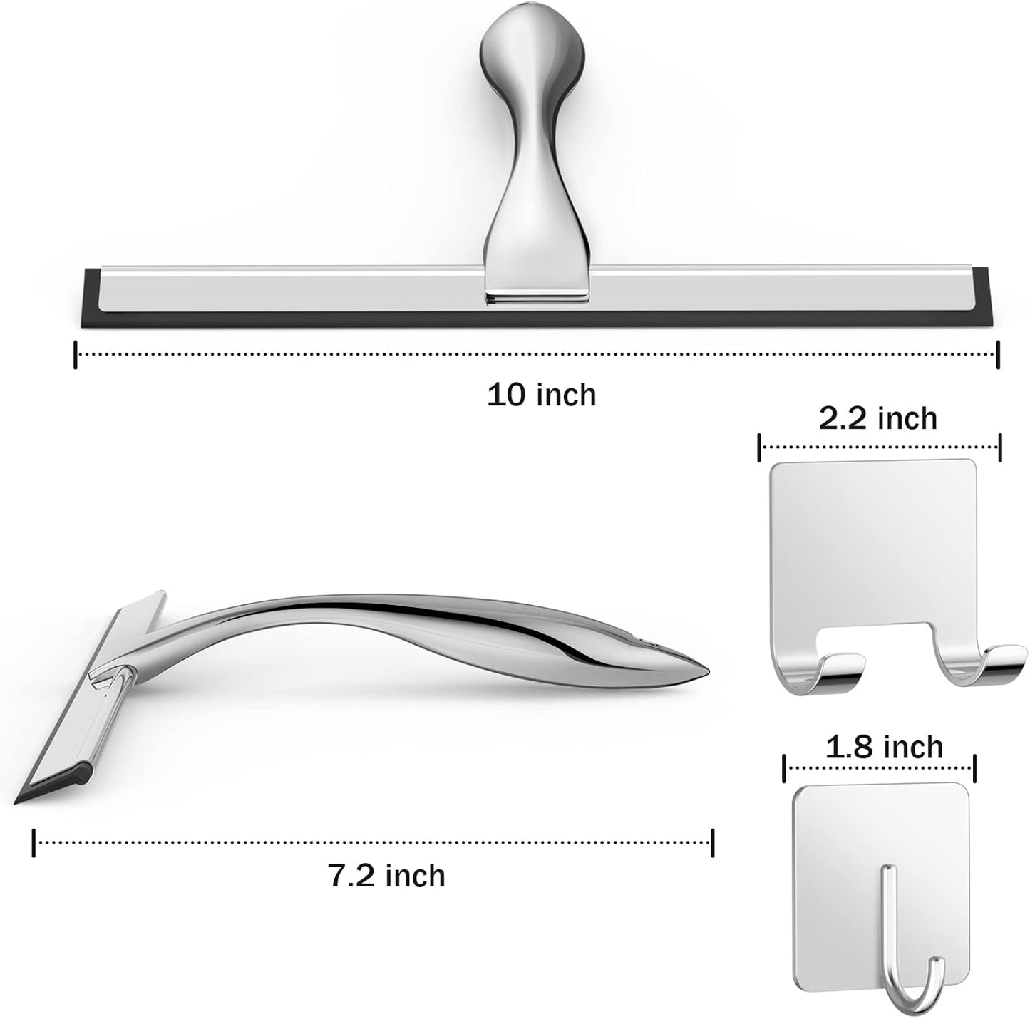 All-Purpose Stainless Steel Shower Squeegee for Shower Glass Door with 2 Adhesive Hooks, Bathroom Cleaner Tool Household Window Mirror Squeegee, Cleaning Tile Wall, Car, 10 Inch Silver
