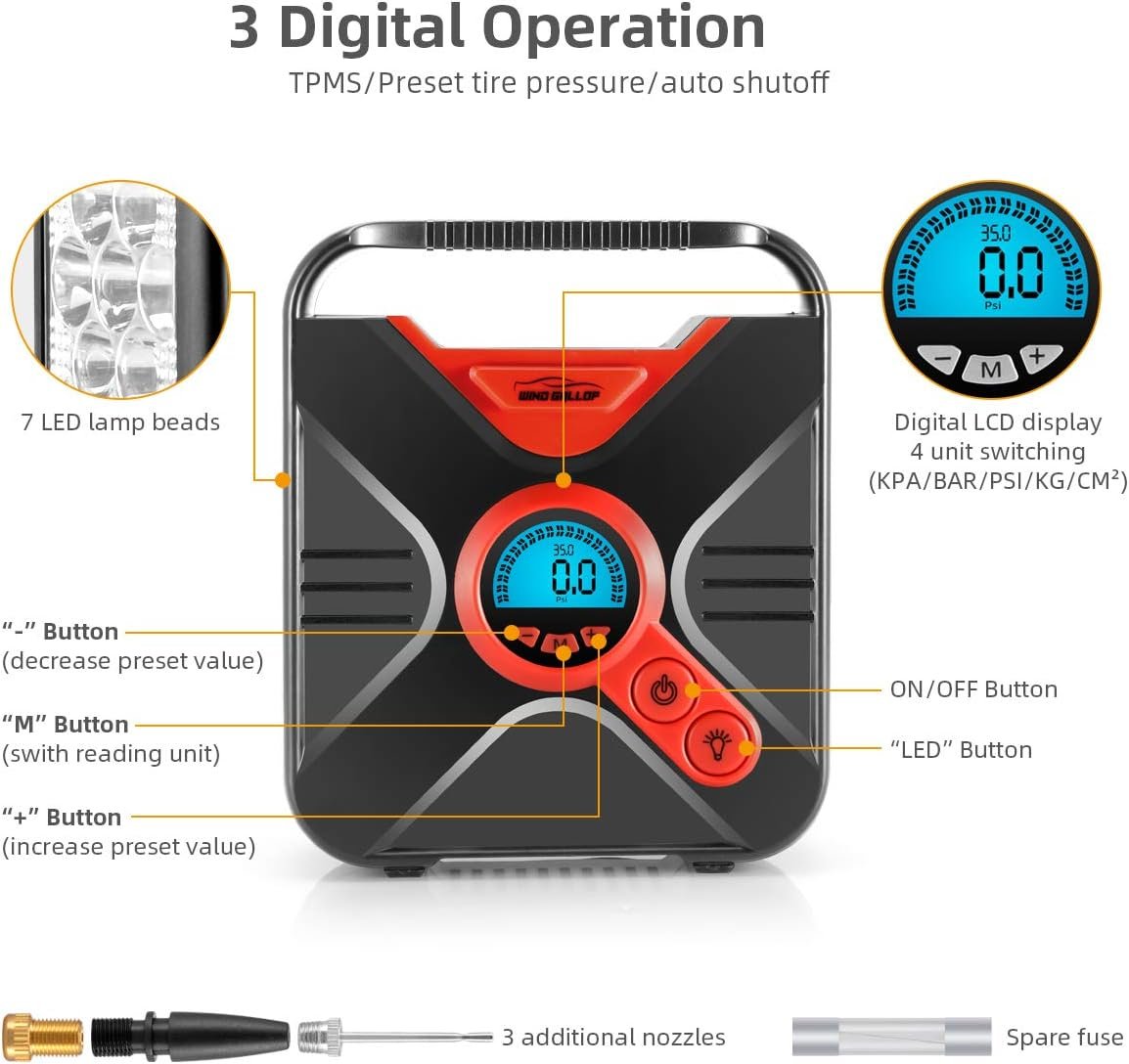 WindGallop Digital Car Tire Inflator Portable Air Compressor for Car Tires 12v Tire Inflator Air Pump with Pressure Gauge LED Light Valve Adaptors for Bike Car Ball and Pool Toys (Red)