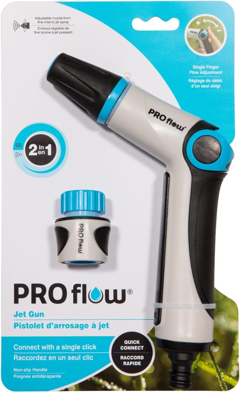 PRO Flow Jet Spray Gun – Adjustable Nozzle from Mist to Jet, Thumb Flow Control, Quick Connect with Waterstop, Non-Slip Grip – Ideal for Cleaning & Watering