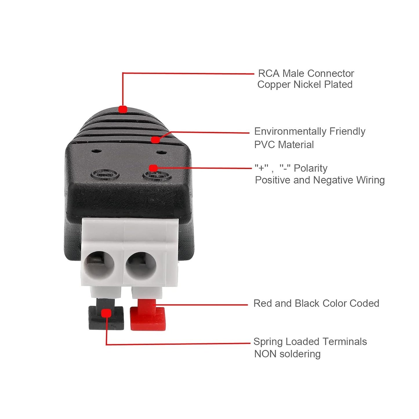 Borsuer RCA to Speaker Wires Adapter, 4Pcs RCA Male to Spring Press Type Terminal Speaker Wire Cable Converter Non-Soldering RCA Speaker Jacks for Speaker Connections