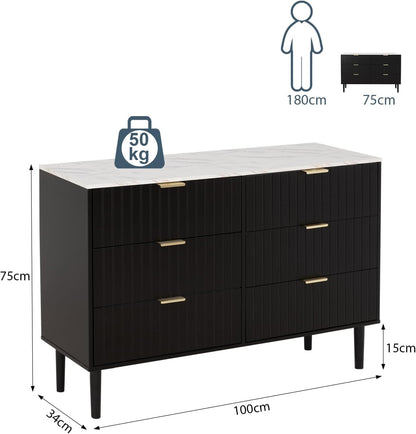 UEV 3 Piece Bedroom Furniture Set with 6 Drawers and Set of 2 Bedside Tables Marble Ceiling Storage Unit for Living Room Bedroom Scandinavian Black (Marble Surface)