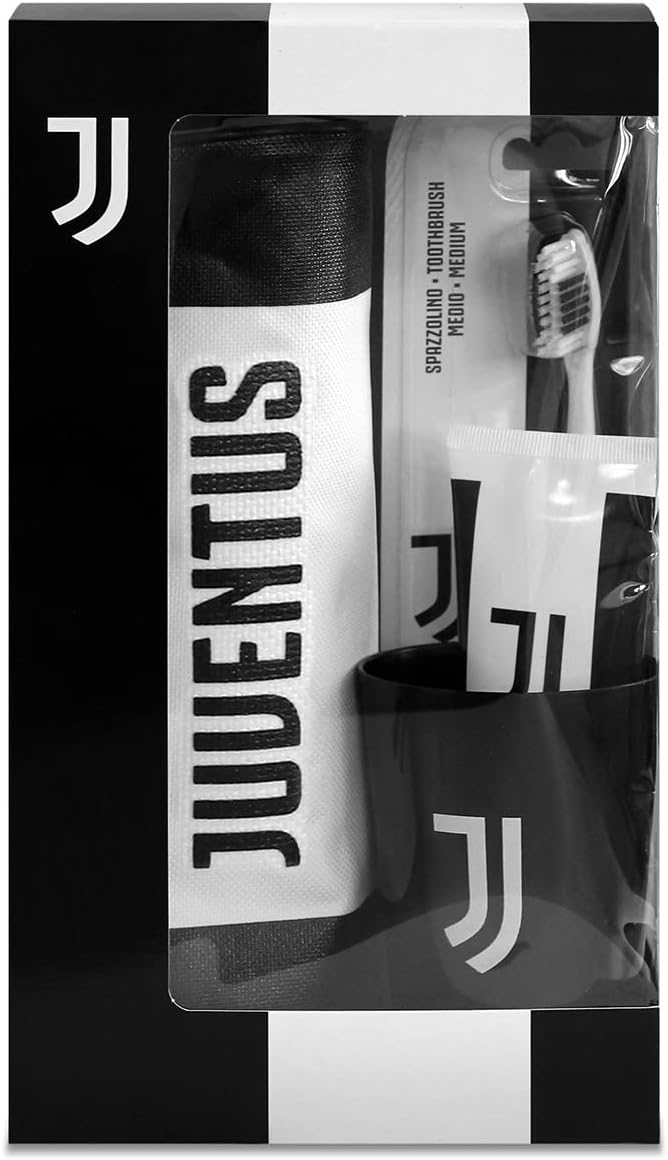 Naturaverde | Kids Football Team Juventus Oral Care Kit, Manual Toothbrush with Medium Bristles, Mint Toothpaste 75 ml, Cup with Logo and Case with Logo