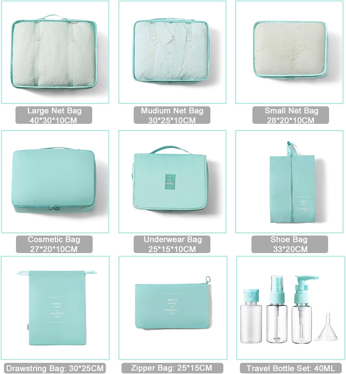Suitcase Organizer, 11 Pieces Waterproof Packing Cube Set, Separators Bags Travel Travel Organizer with 3 Liquid Travel Containers, for Clothing Underwear Footwear Sacks - Pink
