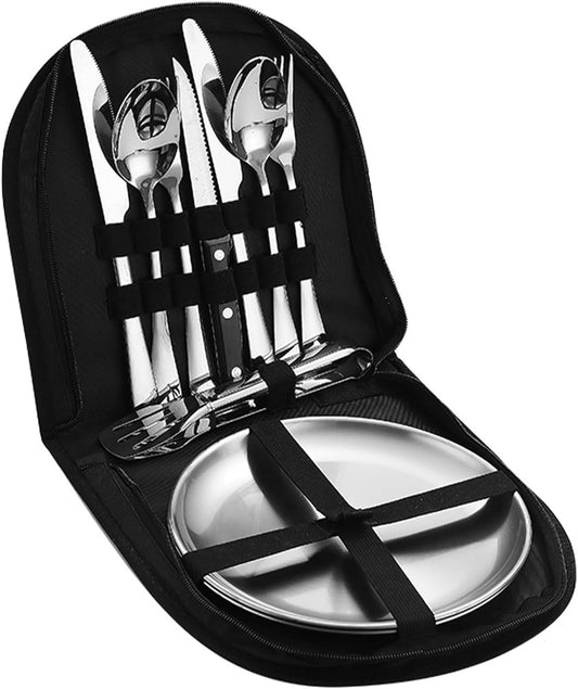 10-Pieces Outdoor Cutlery Set for Picnic, Portable Double Tableware Kit, Stainless Steel Silverware Set with Organizer Bag, Spoon Clip Serrated Knife Fork Plate Utensil Set for Travel Camping (Silver)