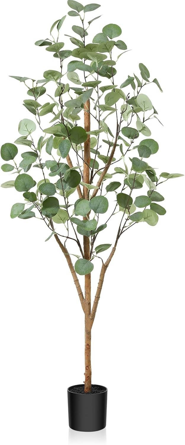 OAKRED Artificial Eucalyptus Tree 4ft, Tall Fake Tree with Natural Wood Trunk and Realistic Silver Dollar Leaves, Silk Faux Eucalyptus Artificial Plants for Indoor Home Decor Office Living Room