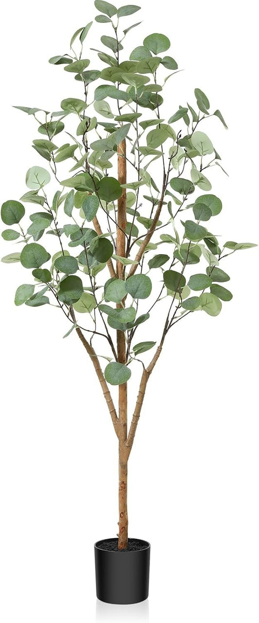 OAKRED Artificial Eucalyptus Tree 4ft, Tall Fake Tree with Natural Wood Trunk and Realistic Silver Dollar Leaves, Silk Faux Eucalyptus Artificial Plants for Indoor Home Decor Office Living Room