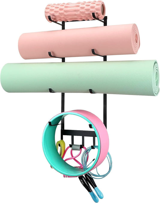 YiSeyruo Yoga Mat Holder Wall Mount: Yoga Mat Home Storage Organizer Rack Metal | Foam Roller Holder 4 Sections with 5 Hooks for Hanging Yoga Resistance Bands Equipment Accessories at Home Gym