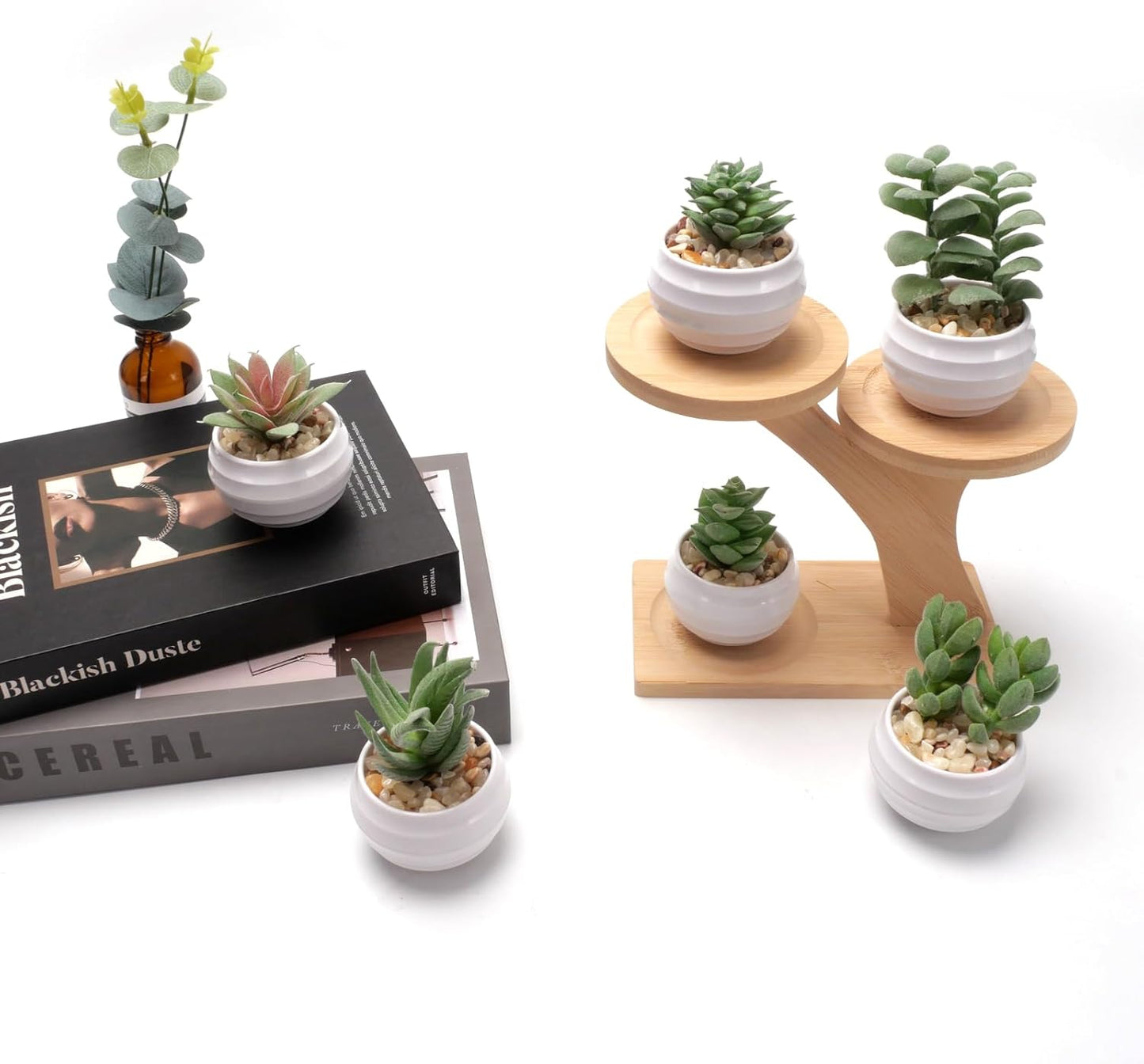 BERRYLION 6 Packs Succulents Fake Plants,Small Artificial Plants Indoor,Green Bookshelf Décor,Faux Plants for Home Décor,White Potted Fake Plant for Nightstand Decor