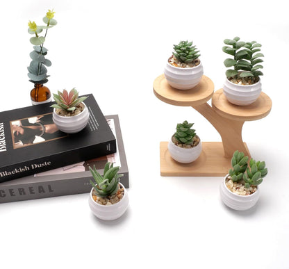 BERRYLION 6 Packs Succulents Fake Plants,Small Artificial Plants Indoor,Green Bookshelf Décor,Faux Plants for Home Décor,White Potted Fake Plant for Nightstand Decor
