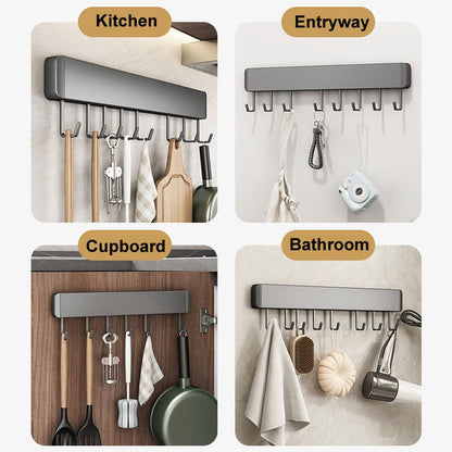 HMAKGG Kitchen Utensil Holder Wall Sticker, 50 cm Kitchen Tool Bar with 10 Hooks, Aluminium Gadget Bar for Kitchen and Bathroom, Grey