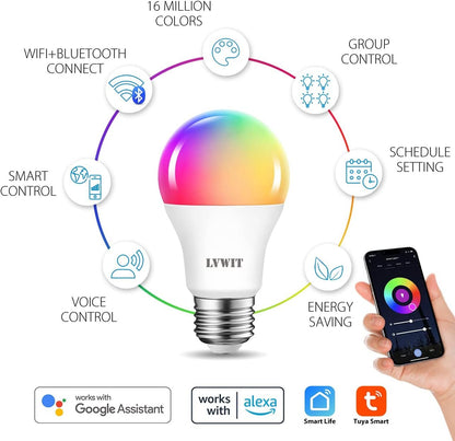 Smart Light Bulb 2 Pack, LVWIT A19 Smart LED, Work with Alexa, Google Assistant, Smart Life App, Tuya App, 8.5W (60W Replacement), 2700K-6500K, E26 RGB Color Changing Bulb, No Hub Required