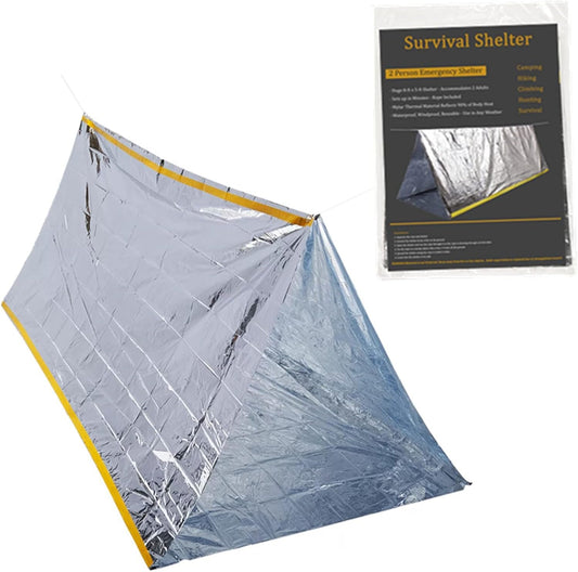 Emergency Tent, 2-Person 8’ X 5’ Waterproof Mylar Thermal Survival Shelter Tube Tent for Hiking Camping (Silver)