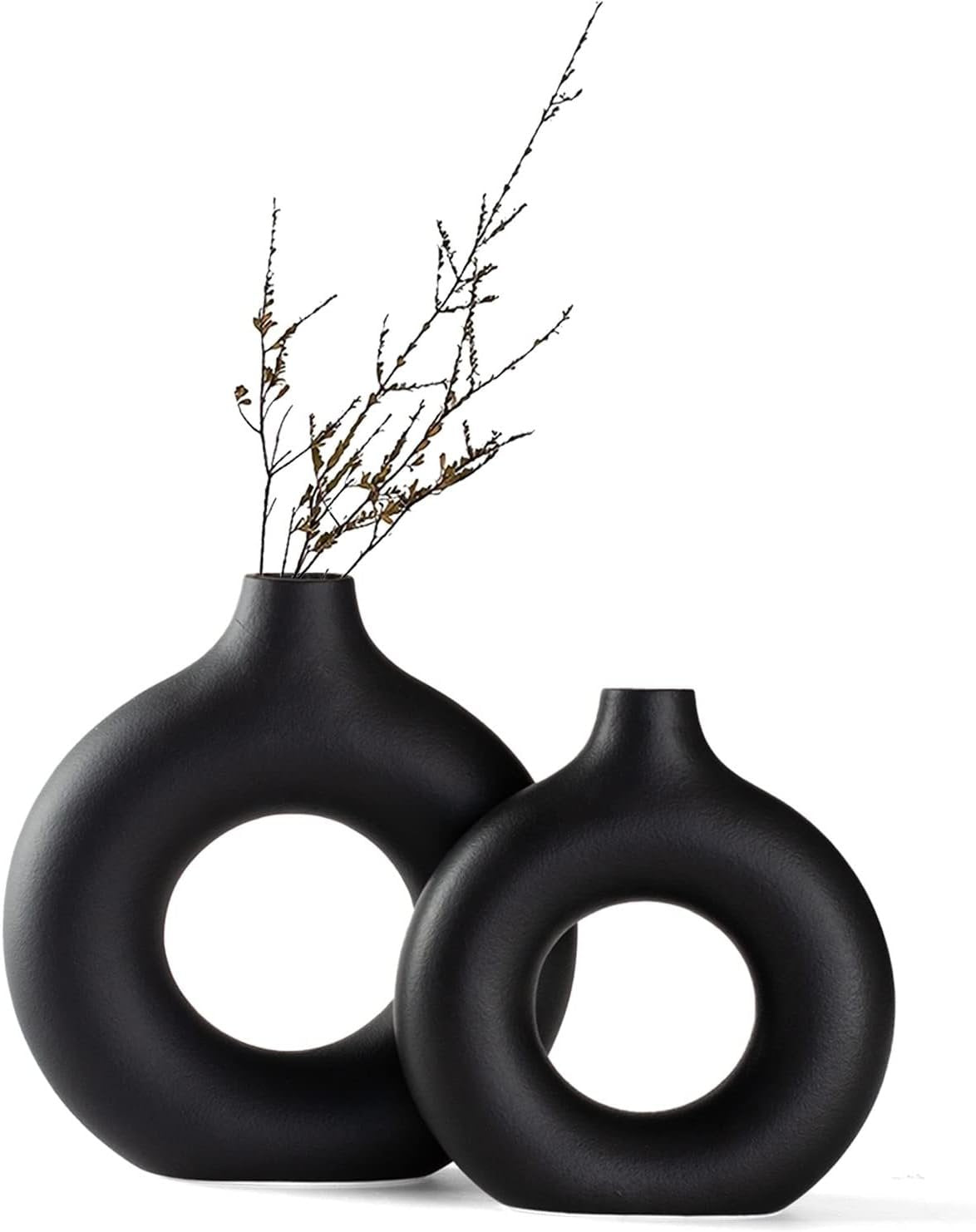 Sawoake Black Donut Vase Set of 2,Modern Home Decor, Round Matte Pampas Grass Vase, Neutral Boho Nordic Minimalism Style Flower Vases for Living Room Wedding Dinner Table Party Office Bedroom